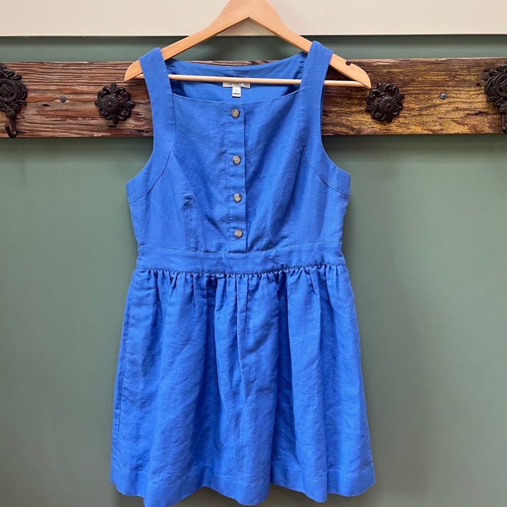 J.Crew Womens Blue Linen Cotton Button‎ Front Sleeveless Pocket Dress 49161 14